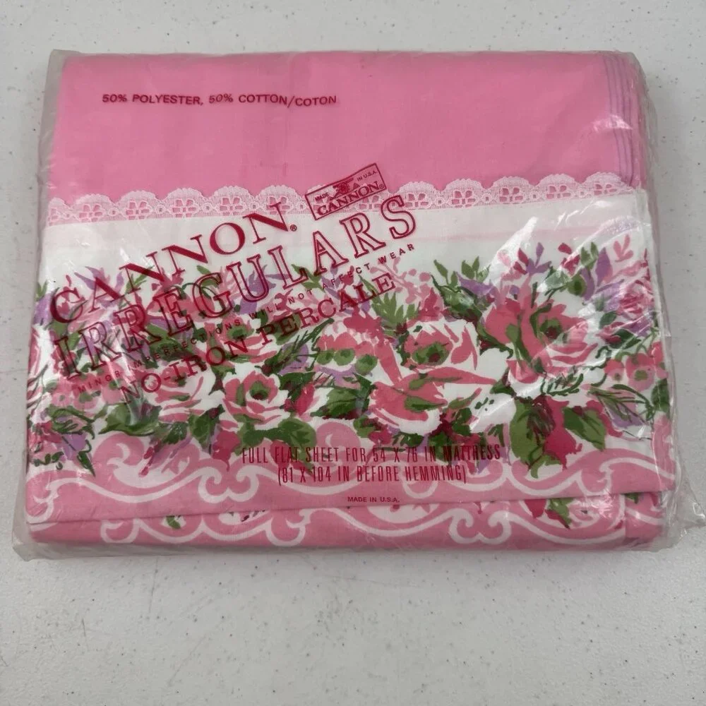 Vintage Cannon IrregularsPink With Roses Full Flat Sheet For 54x76 Mattress